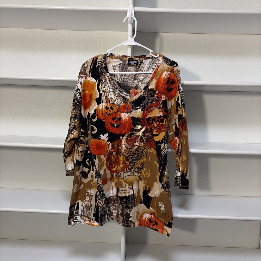 Onque Casual Women’s 2X 3/4 Sleeve Halloween Fall Theme Top Sequins & Pumpkins